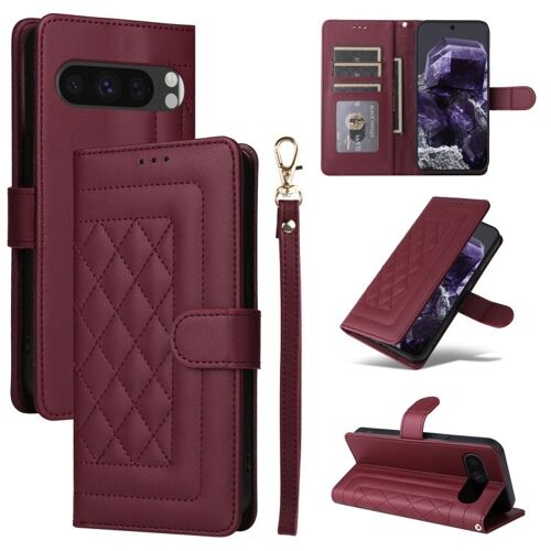 Étui à rabat en cuir motif treillis diamant pour Google Pixel 9 Pro - Vin rouge