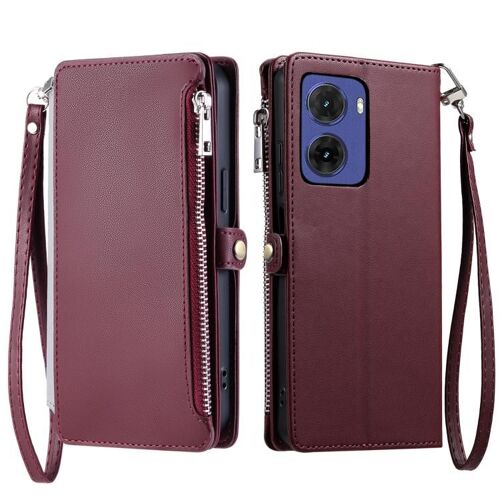 Étui en cuir avec fermeture éclair et coutures pour Motorola Moto G05 - Vin rouge