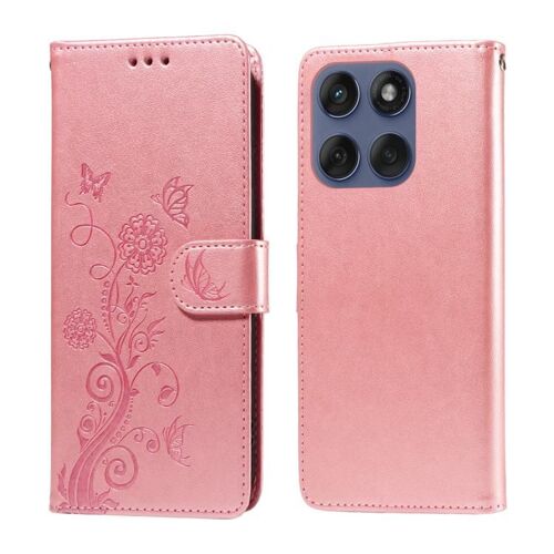 Étui en cuir à motif papillons et fleurs en relief pour Motorola Edge 60 Fusion / Edge 5G 2025 - Or rose