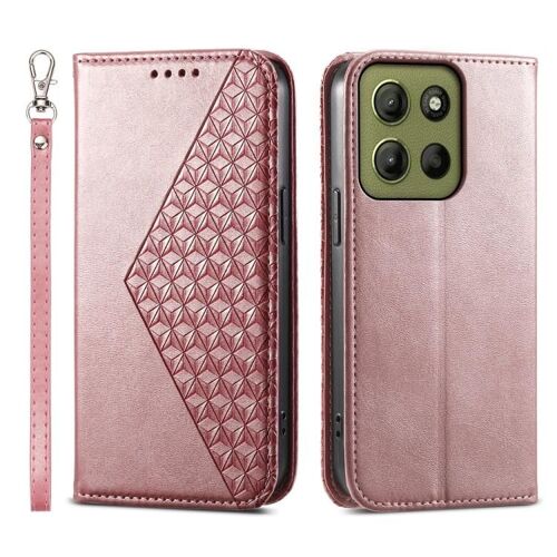 Étui magnétique en cuir de veau à motif de grille cubique pour Motorola Moto G15 - Or rose