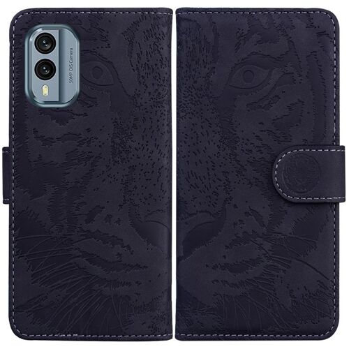 Étui à rabat en cuir avec motif tigre en relief pour Nokia X30 - Noir