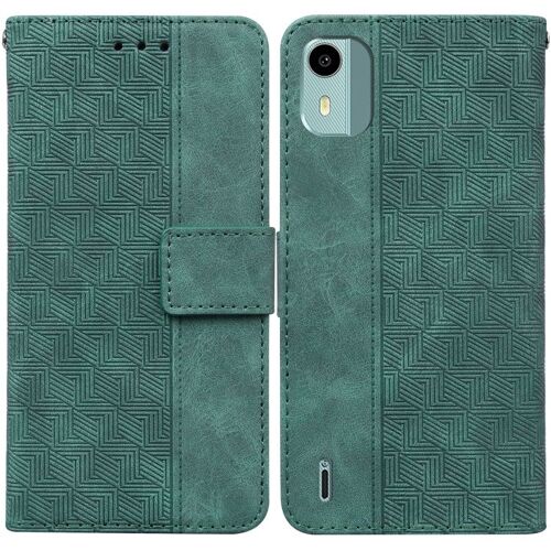 Étui en cuir à motif géométrique gaufré pour Nokia C12 - Vert