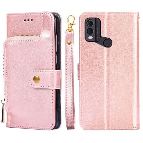Étui en cuir à fermeture éclair pour Nokia C22 - Or rose