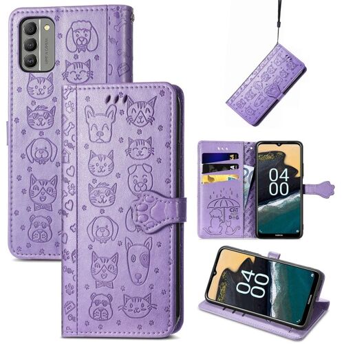 Étui en cuir gaufré motif chat et chien pour Nokia G400 - Violet