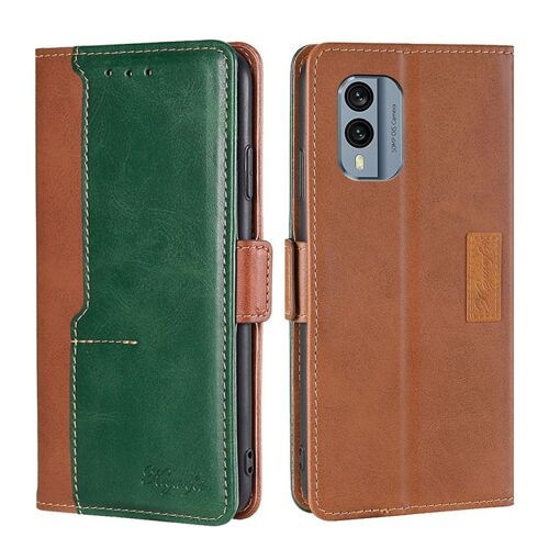 Étui en cuir à boucle latérale contrastée pour Nokia X30 5G - Marron clair + vert