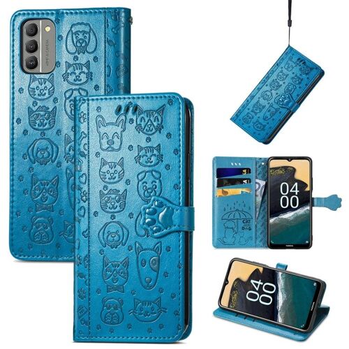 Étui En Cuir Gaufré Motif Chat Et Chien Pour Nokia G400 - Bleu