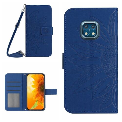 Étui à rabat en cuir avec lanière pour Nokia XR20, motif tournesol - Bleu foncé