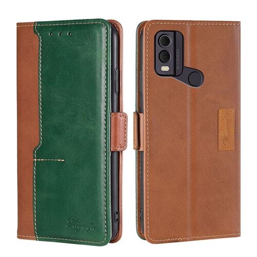 Étui en cuir à boucle latérale contrastée pour Nokia C22 - Marron clair + vert