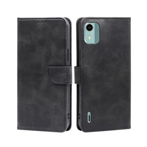 Étui à rabat en cuir de veau texturé avec boucle pour Nokia C12 - Noir