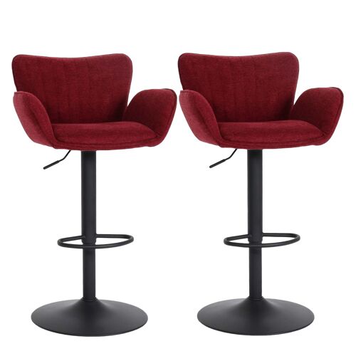 Lot de 2 tabourets de bar HWC-M67, chaise de bar, avec accoudoirs repose-pieds pivotant tissu/textile fer   bordeaux pied noir