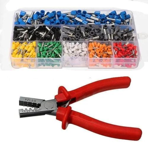 Pince à Sertir TEMPSA Réglable + 800x Cosse Connecteur Virole Embout - Rouge - 14cm - AWG 10-23