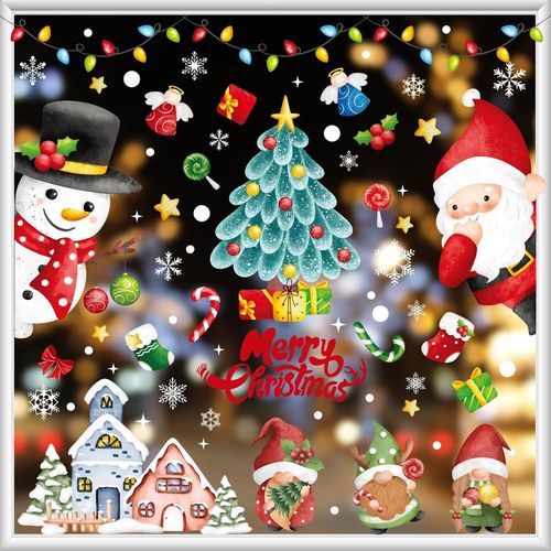 9 Noël Autocollants Fenetre Noël Stickers, 212Pcs Noël Autocollants Fenetre,Réutilisables Décoration DIY Fenêtres, Renne Flocons Neige Le Père Noël Nains Amovibles PVC Stickers