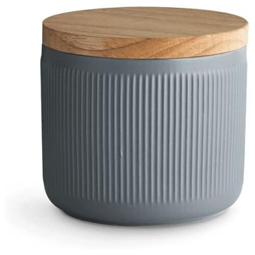 Kal-Springlane Conteneurs De Stockage En Céramique Avec Rayures De Couvercle En Bois, Couvercles En Bois D'hévéa, Conteneurs De Stockage (Gris Foncé, 10,1 X 9,3 Cm)