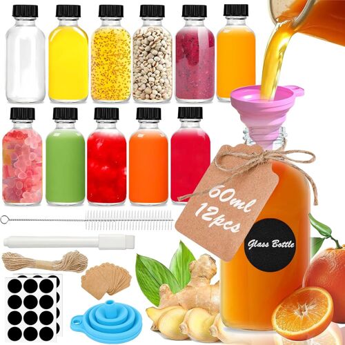 Kal-12 Petite Bouteilles En Verre Réutilisable De 60ml, Petite Bouteille Shot De Jus, Mini Bouteille En Verre Portable Pour Jus De Gingembre, Jus, Whisky Huiles Essentielles, Spiritueux