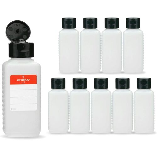 KAL-Bouteilles En Plastique 10 X 100 Ml, Bouteilles En Plastique Pe-Hd Avec Capsule Service Noire, Bouteilles Vides Avec Bouchon À Charnière Noirs, Bouteilles Carrées. 10 Étiquettes Incluses.