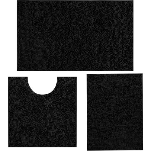 Tapis De Bain Chenille Ultra Doux Antidérapant,Set de Tapis de Bain Absorbant 3 Pièces,Tapis de Bain Hirsute ¿Set de Tapis de Bain Moelleux avec Tapis de Toilette en Forme de U (Noir)