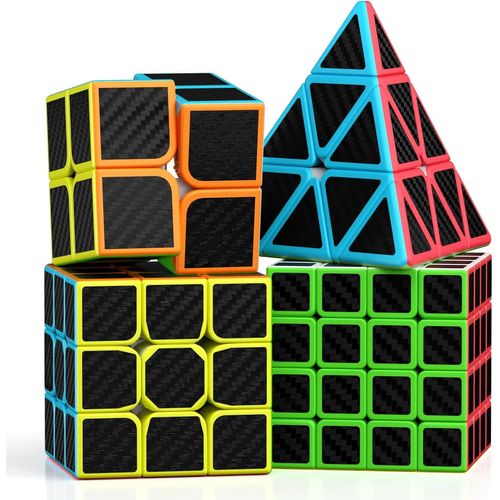 Speed Cube Set,Cube de Vitesse 2X2 3X3 4X4 Pyramide Cube Magique pour Enfants,IQ Games Toys Jouets éducatifs [4 Pack] (Fibre de Carbone)