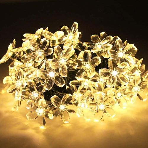 Guirlande Lumineuse Solaire, 50 Led Fleur De Cerisier Eclairage Lumineuse Solaire Exterieur Ip65 Étanche 8 Modes Guirlande Guinguette Solaire Pour Jardin, Terrasse, Cour, Noël, Fête (Blanc Chaud)