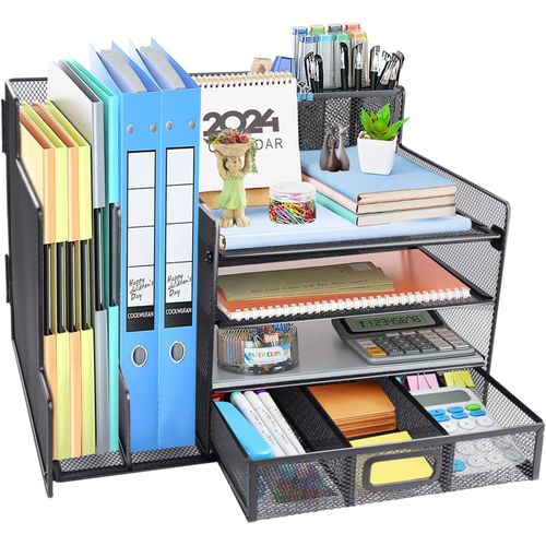 Organiseur De Bureau En Bois Avec Tiroir, Porte-Lettres Avec Tiroir, Rangement De Bureau, Étagère, Porte-Stylos, Porte-Documents, Étagère À Courrier (Noir.)