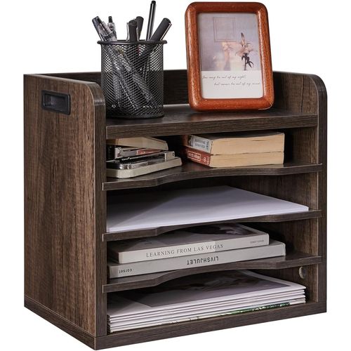 Organiseur De Breau En Bois, Étagère De Stockage, Corbeille À Courrier Avec Tablettes Amovibles Pour Fournitures De A4, Documents, Livres, Cahiers 34×23×31.5cm Gris Hbc006g