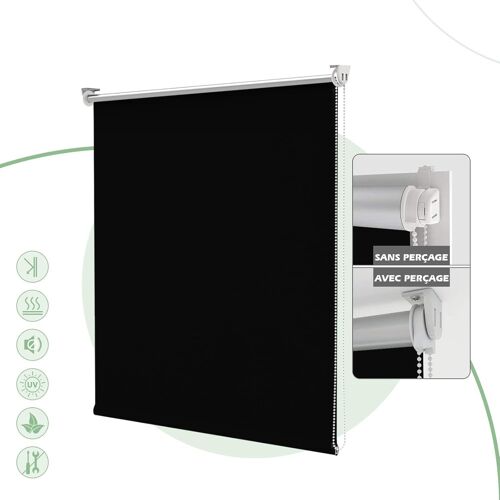 Store Enrouleur Occultant Isolant Thermique Opaque, Rideau, Fixation Avec Ou Sans Perçage, 80 X 190 Cm (Largeur Du Tissu 76 Cm), Noir