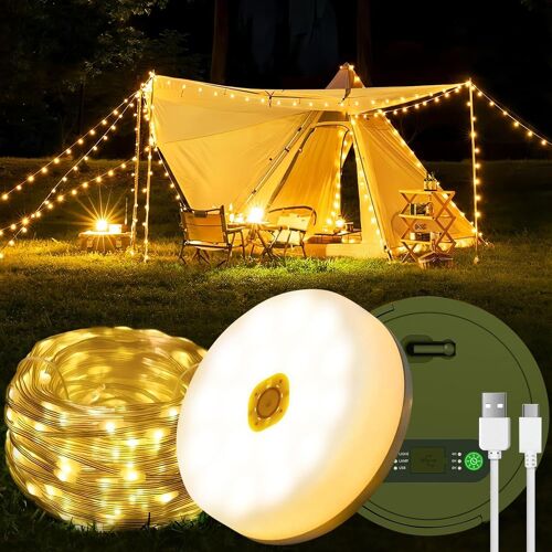Guirlande lumineuse de camping enroulable, 10 m, 4 en 1, portable, rechargeable, pour l'extérieur, avec 8 modes d'éclairage, étanche, USB, lampe de poche pour tente, randonnée, fête