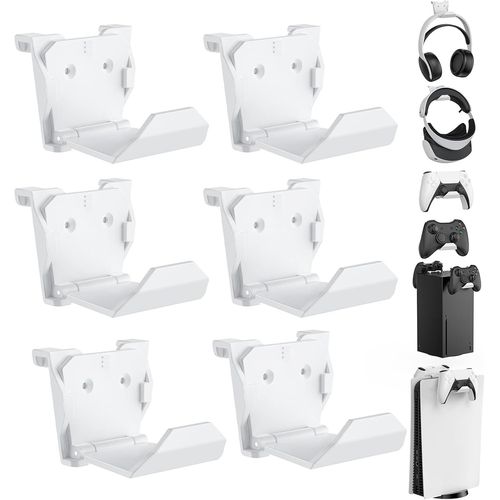 Pack de 6 supports muraux pour PS5, Xbox, Switch manette et casque - Installation par colle/vis (Blanc)