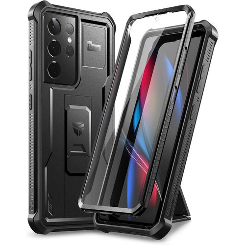 CAUC-Coque pour Samsung Galaxy S21 Ultra 5G 6,8 Pouces avec Protecteur d'écran intégré Armure de qualité Militaire Heavy Duty 360 Full Body Housse de Protection Antichoc avec Support - Noir