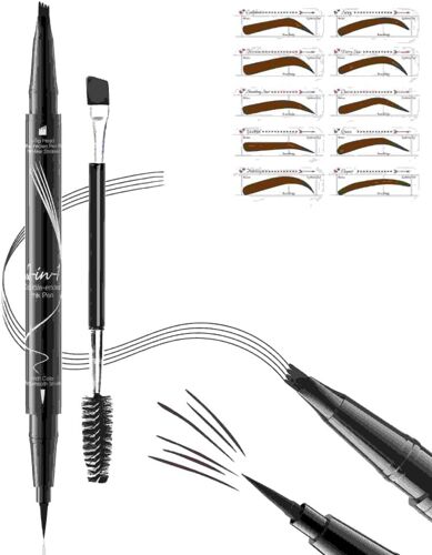 Kalanka-Crayon Sourcils 4 Pointes Fourche Résistant À L'eau - Double Embout Ultra-Fin & Formule Anti-Tâches Pour Sourcils Naturels (Gabarit & Brosse Professionnelle) (Marron Foncé) 