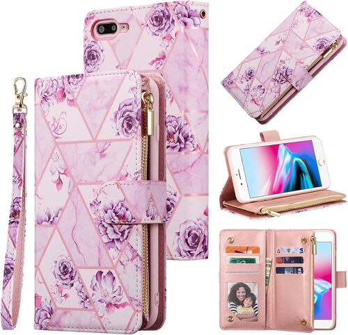 KAL-Coque Pour Iphone 7 Plus/Iphone 8 Plus, Etui En Cuir Pu Portefeuille Rétro Antichoc Flip Case Housse Avec Fentes De Cartes Fonction Support, Fermeture Magnétique - Violet Géométrique