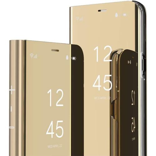 Coque Compatible Avec Samsung Galaxy A14 5g, Conception Miroir Smart View Makeup Stand Protecteur Cuir + Pc Housse Coque Etui ¿¿ Rabat Coque Pour Samsung A14 5g. Flip Mirror: Golden Qh