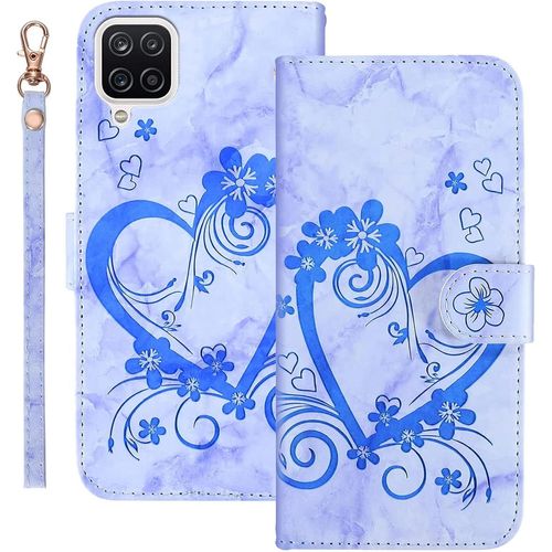 Sjzg-Coque Pour Samsung Galaxy A12 Rabat,Housse Pour Samsung M12 Clapet,Aimer/C?ur Portefeuille Etui Avec Fonction Support Et Porte-Carte,Cuir Pu Flip Cover Case.Bleu
