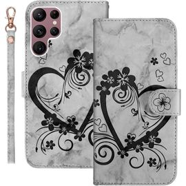 KAL-Coque Pour Samsung Galaxy S22 Ultra 5G Rabat,Housse Pour Samsung S22 Ultra 5G Clapet,Aimer/C?ur Portefeuille Etui Avec Fonction Support Et Porte-Carte,Cuir Pu Flip Cover Case.Noir