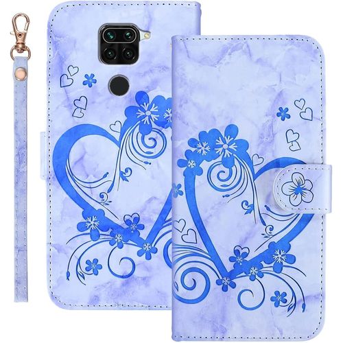Kal-Coque Pour Xiaomi Redmi Note 9 Rabat,Housse Pour Redmi Note 9 Clapet,Aimer/C?ur Portefeuille Etui Avec Fonction Support Et Porte-Carte,Cuir Pu Flip Cover Case.Bleu