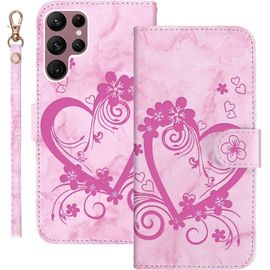 Sjzg-Coque Pour Samsung Galaxy S22 Ultra 5g Rabat,Housse Pour Samsung S22 Ultra 5g Clapet,Aimer/C?ur Portefeuille Etui Avec Fonction Support Et Porte-Carte,Cuir Pu Flip Cover Case.Rose
