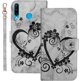 Kal-Coque Pour Huawei P30 Lite Rabat,Housse Pour Huawei P30 Lite New Edition Clapet,Aimer/C?ur Portefeuille Etui Avec Fonction Support Et Porte-Carte,Cuir Pu Flip Cover Case.Noir