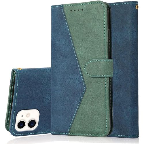 Sjzg-Coque Pour Iphone 12 Mini (5,4 Pouces), Housse Étui En Pu Cuir Portefeuille Antichoc Étui À Rabat Clapet Protection Magnétique Flip Cover Wallet Case Avec Carte Fentes (Bleu Vert)