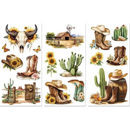 Kal-Décalcomanies À Ruban Pour Meubles Artisanat Bottes De Cowboy Et Paysage Western 15x30 Cm, 3pcs Décalcomanies Waterproof Uv Dtf Pour Commode, Coffres À Lingerie, Tiroirs, Verre
