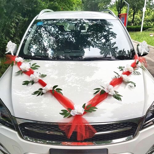 Kal-Decoration Voiture Mariage Tulle, Ruban Voiture Mariage, Noeud Voiture Mariage, Kit Decoration Voiture Mariage, Bijoux Mariée Ratan Roses Décoration Voiture Mariage Guirlande Décorative Deco Voit