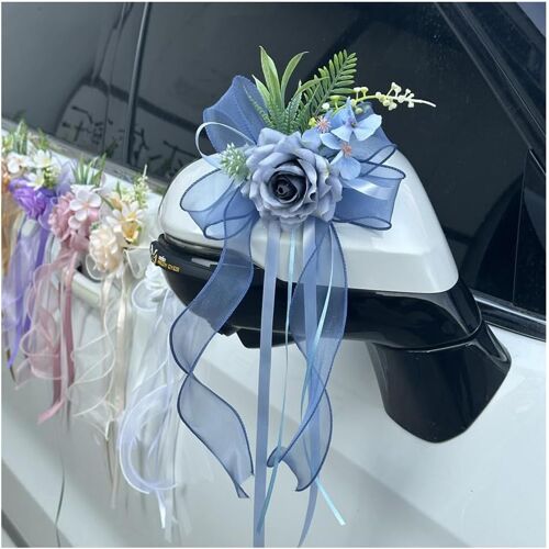 Kal-Lot De 4 Noeuds En Soie Pour Voiture - Simulation Rose - Avec Ruban D'organza - Pour Voiture De Mariage - Poignée De Porte - Rétroviseur - Décoration De Mariage - Bleu