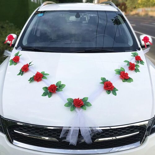 Kal-Decoration Voiture Mariage Tulle, Ruban Voiture Mariage, Noeud Voiture Mariage, Kit Decoration Voiture Mariage, Bijoux Mariée Ratan Roses Décoration Voiture Mariage Guirlande Décorative Deco Voit