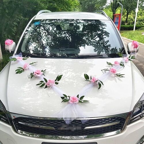 Kal-Decoration Voiture Mariage Tulle, Ruban Voiture Mariage, Noeud Voiture Mariage, Kit Decoration Voiture Mariage, Bijoux Mariée Ratan Roses Décoration Voiture Mariage Guirlande Décorative Deco Voit