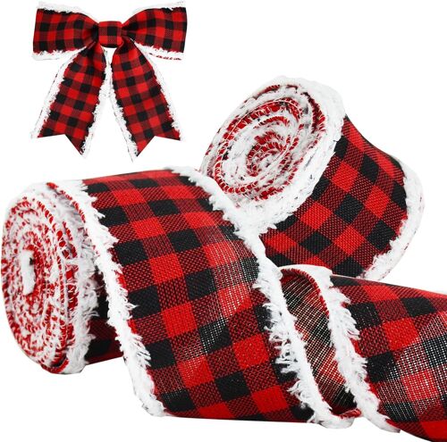Kal-Ruban Plaid Rouge Et Noir Fil Par Fourrure Blanche, 6 Cm X 6 M, 2 Rubans Pour Décoration De Fête De Noël, Fabrication De Noeuds, Accessoires Pour Cheveux Et Cadeaux Faits À La Main