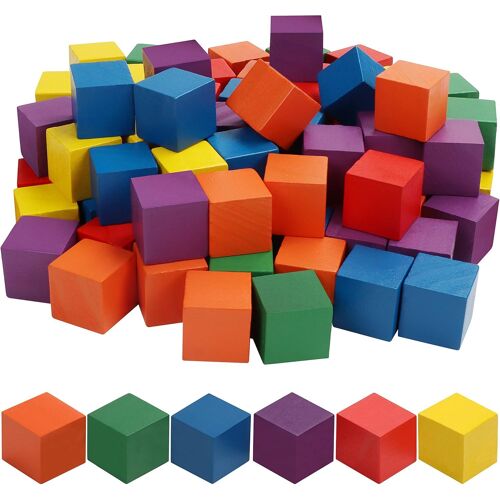 KAL-Cube Couleur En Bois (Lot De 100) - 2,5X2,5Cm - Bois Cube Carré De 6 Couleurs - Cube Bois Enfant, Travaux Manuels, Fabrication De Puzzle, Jouets Éducatifs