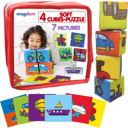 KAL-4 Pcs Véhicules Cube D'Activité Bébé - Jouet Montessori Bebe 6-12 Mois - Puzzle Cube A Empiler Bebe - Cube Montessori - Jeux Eveil Bebe 6 Mois - Cube Bebe - Jouet De Dentition Pour Bébé
