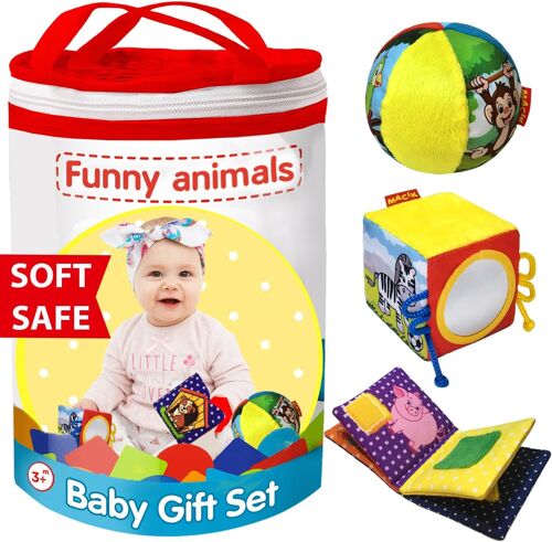 KAL-3 Pcs Cube D'Activité Bébé Balle Bebe Livre Bebe- Jouet Montessori Bebe 6-12 Mois - Cube A Empiler Bebe -Jeux Eveil Bebe 6 Mois - Jouet De Dentition Pour Bébé 090602-06, Multicolore, Large