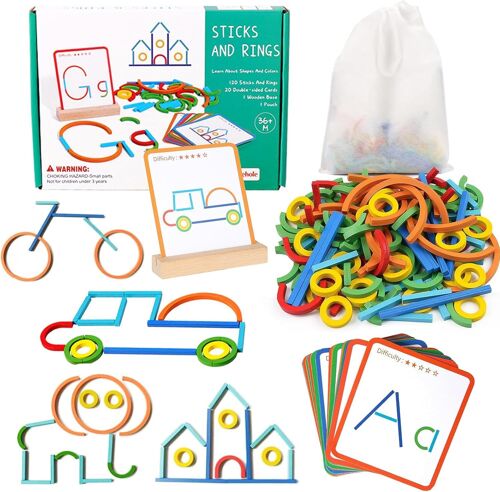 KAL-Montessori Jouet À Partir De 3 Ans, Jeux D'Apprentissage Des Lettres, 120 Bâtons En Bois, Anneaux 20 Cartes, Jeux Préscolaires, Jouets Montessori, Forme Reconnaissance Des Couleurs Montessori Puz