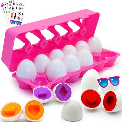 KAL-12 Pièces Oeufs Assortis, Jouet Enfant Montessori Couleur Et Forme Reconnaissance, Jeux Enfant Oeufs Puzzle Ensemble Éducatifs Géométriques Motifs Pâques Cadeau Des Enfants Pour Garçons Filles