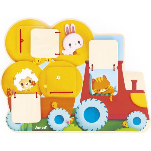 ChenQuanSarl-Puzzle Cache-Cache Tracteur En Bois - 5 Portes À Ouvrir - Développe La Motricité Fine - Jouet D'Eveil Pour Enfants Evolutif - Dès 12 Mois - J07128, Jaune