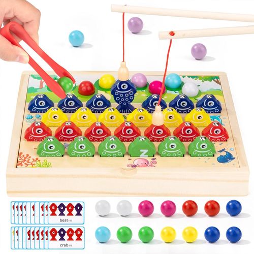 KAL-Jouet Montessori De Pêche En Bois Magnétique, 2 En 1 Jouet Enfant Educatif À Motricité Fine Apprendre À Compter Et Les Couleurs Cadeau Garçons Filles Bébés 2 3 4 Ans